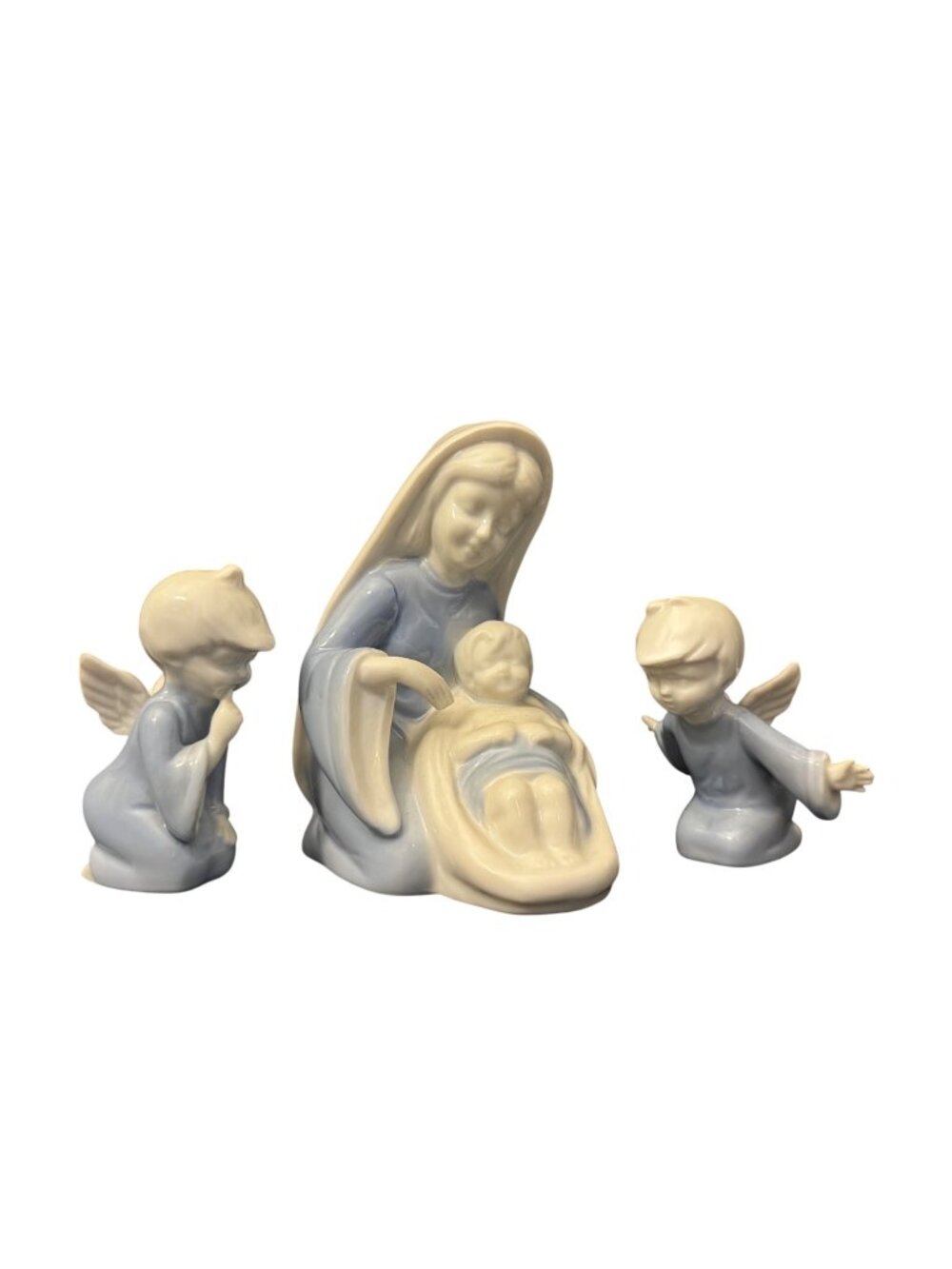 Nativity Figurine Set With Mary Baby Jesus & Two Angels Pastel Blue & Cream